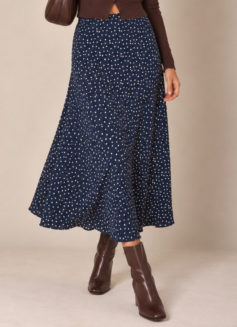 Wilfred Chiffon Polka Dot Midi Skirt Size S Navy White 90s French Girl Romantic